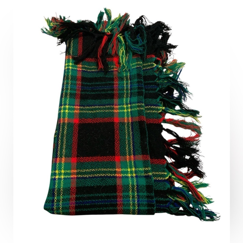 Vintage Oversized Tartan Plaid Blanket Scarf Shawl with Multi-Color Fringe
